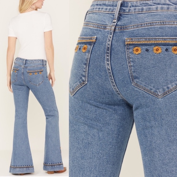 Driftwood x Free People Farrah Flare Slit Golden Gates Boho Embroidered Jeans 25 - Picture 5 of 13